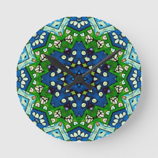 Reloj Redondo Mediano Patrón azul verde retro mosaico de Mandala (Anverso)