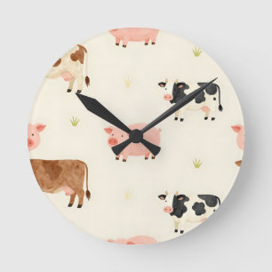 Reloj Redondo Mediano Patrón Bonito de Acuarela de Animales de Granja
