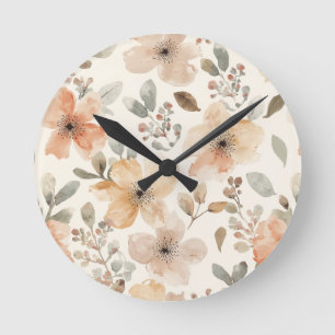 Reloj Redondo Mediano Patrón Botánico de Acuarela Floral Melocotón Beige