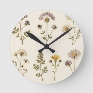 Reloj Redondo Mediano Patrón Botánico de Flor Silvestre Prensada Vintage