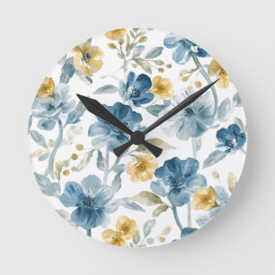 Reloj Redondo Mediano Patrón Botánico de Flores de Jardín Azules Amarill