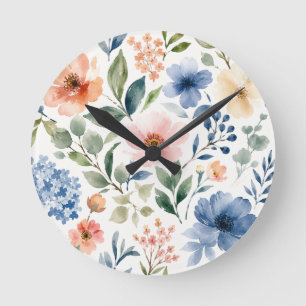 Reloj Redondo Mediano Patrón Botánico Moderno de Flor Silvestre Acuarela