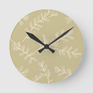 Reloj Redondo Mediano Patrón Botánico Verde Salvia Rama de Hoja Dibujada