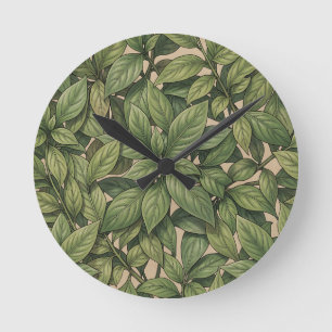 Reloj Redondo Mediano Patrón Botánico Vintage de Hoja Verde Sin Costuras