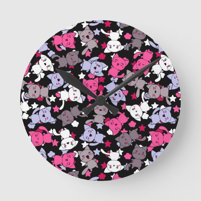 Reloj Redondo Mediano patrón con lindos gatos de doodle kawaii 3 (Anverso)