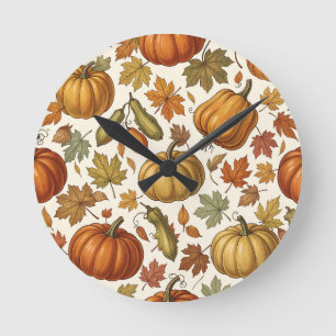 Reloj Redondo Mediano Patrón continuo de calabaza y hojas de otoño