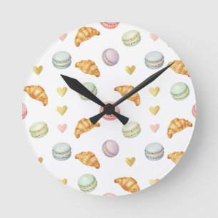 Reloj Redondo Mediano Patrón continuo de Macarons y Croissants Pastel