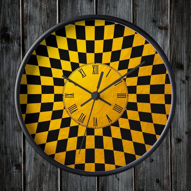 Reloj Redondo Mediano Patrón cuadrado Gold y Black Checks / Diseño retro (Subido por el creador)