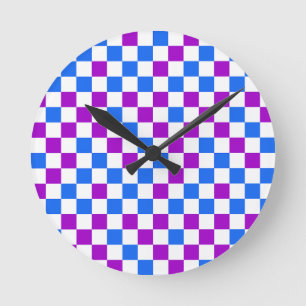 Reloj Redondo Mediano Patrón Cuadriculado Azul Morado Y Blanco