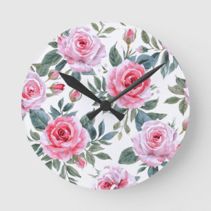 Reloj Redondo Mediano Patrón de acuarela Cottagecore floral de rosa rosa