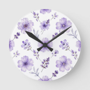 Reloj Redondo Mediano Patrón de acuarela de flor de lino púrpura lavanda