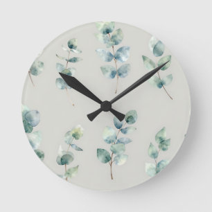 Reloj Redondo Mediano Patrón de acuarela de hojas de eucalipto