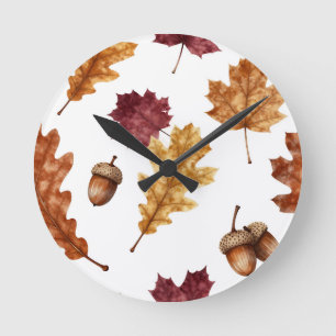 Reloj Redondo Mediano Patrón de acuarela de hojas de roble de otoño