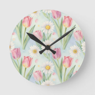 Reloj Redondo Mediano Patrón de acuarela de primavera con tulipanes rosa