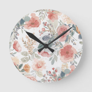 Reloj Redondo Mediano Patrón de Acuarela Floral Jardín Coral Rubor