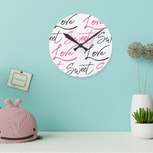 Reloj Redondo Mediano Patrón de amor y dulzura negro y rosa de moda
