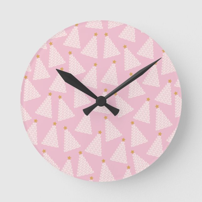 Reloj Redondo Mediano Patrón de árbol de Navidad rosa (Anverso)