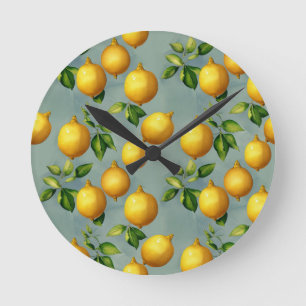 Reloj Redondo Mediano Patrón de arte de limones y hojas vintage sobre gr
