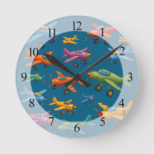 Reloj Redondo Mediano Patrón de Aviones Antiguos Coloridos – Aviación Re