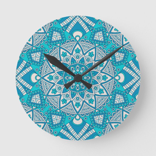Reloj Redondo Mediano Patrón de azulejos azules de Mandala (Anverso)