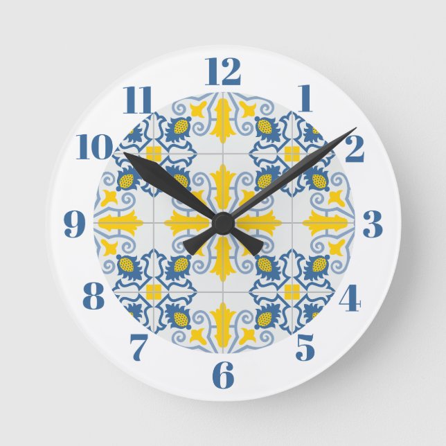 Reloj Redondo Mediano Patrón de azulejos azules y amarillos en portugués (Anverso)