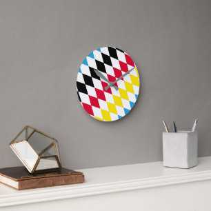 Reloj Redondo Mediano Patrón de bandera de diamante azul amarillo rojo n