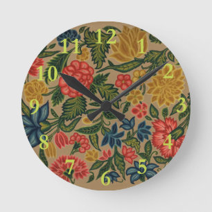 Reloj Redondo Mediano Patrón de bordado floral vintage de crewel