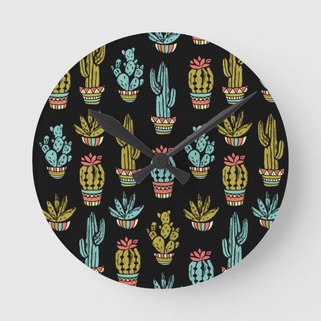Reloj Redondo Mediano Patrón de cactus de grunge oscuro (Anverso)