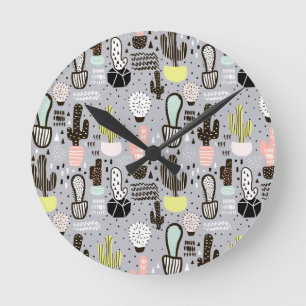 Reloj Redondo Mediano Patrón de cactus dibujado a mano