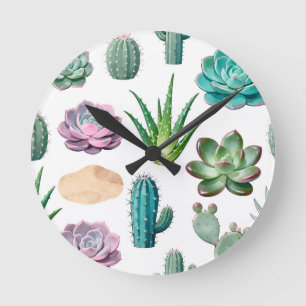Reloj Redondo Mediano Patrón de Cactus Suculento Acuarela