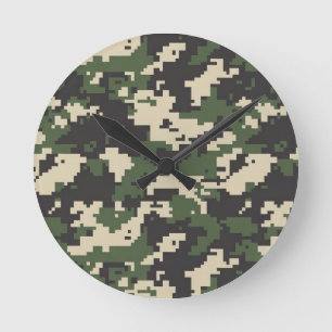 Reloj Redondo Mediano Patrón de Camuflaje Digital Verde
