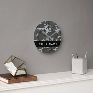 Reloj Redondo Mediano Patrón de camuflaje gris, tu nombre, Personaliza
