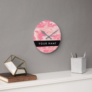 Reloj Redondo Mediano Patrón de camuflaje rosado, nombre, personalizació