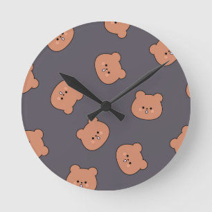 Reloj Redondo Mediano Patrón de cara de oso de peluche marrón lindo azul
