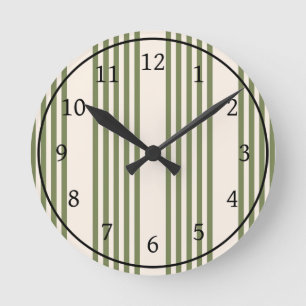 Reloj Redondo Mediano Patrón de cinco rayas verde oliva y beige