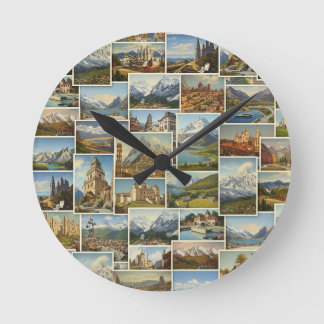 Reloj Redondo Mediano Patrón de collage de postal europeo de viejo mundo