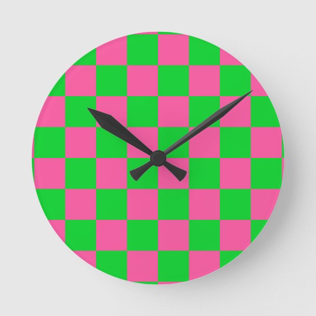 Reloj Redondo Mediano Patrón de comprobación verde rosa (Anverso)