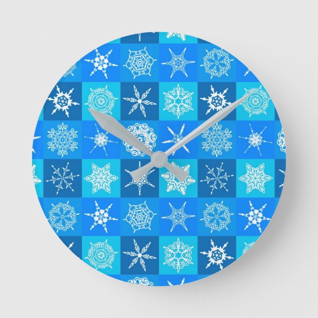 Reloj Redondo Mediano Patrón de copos de nieve azules (Anverso)