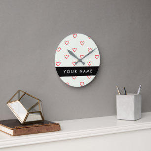 Reloj Redondo Mediano Patrón de corazones rojos, amor, tu nombre, person