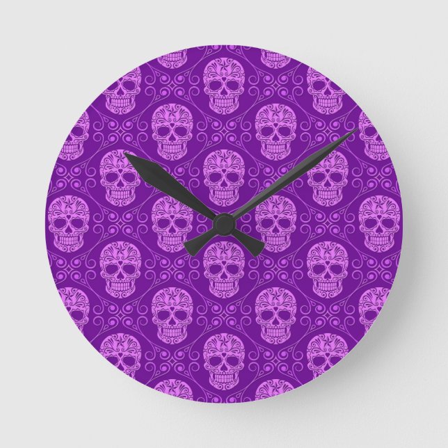 Reloj Redondo Mediano Patrón de cráneo de azúcar morado (Anverso)