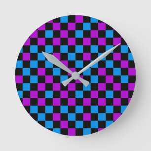 Reloj Redondo Mediano Patrón de cuadros azul, morado y negro