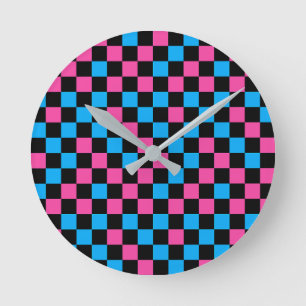 Reloj Redondo Mediano Patrón de cuadros azul rosa y negro