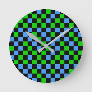Reloj Redondo Mediano Patrón de cuadros azules, verdes y negros