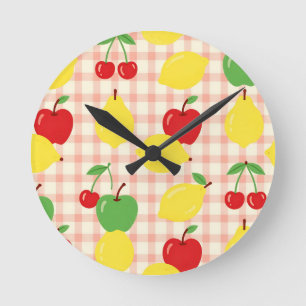Reloj Redondo Mediano Patrón de cuadros con frutas lindas