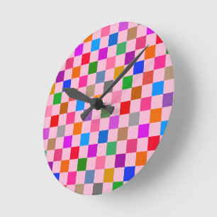 Reloj Redondo Mediano Patrón de cuadros de colores rosado
