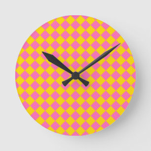 Reloj Redondo Mediano Patrón de cuadros de diamante arlequín de color ro