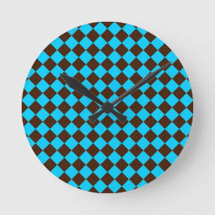 Reloj Redondo Mediano Patrón de cuadros de diamante azul marrón