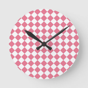 Reloj Redondo Mediano Patrón de cuadros de diamante rosa blanco