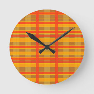Reloj Redondo Mediano Patrón de cuadros escoceses naranja rojo retro
