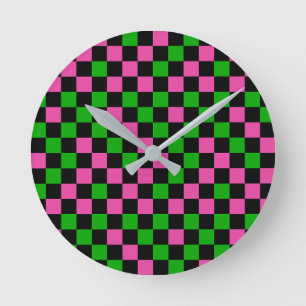 Reloj Redondo Mediano Patrón de cuadros rosa, verde y negro